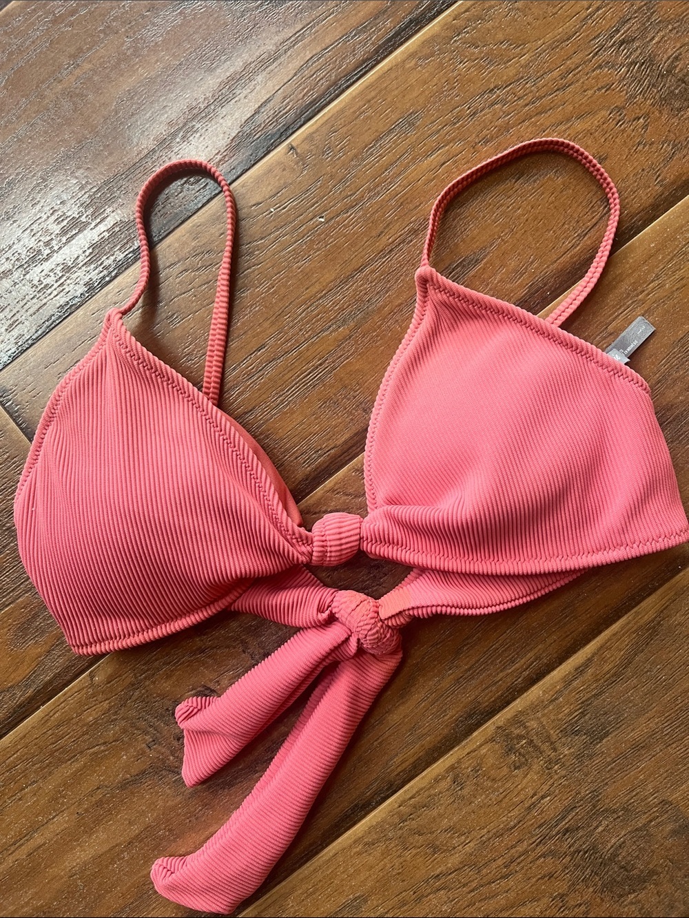 aerie Pink Ribbed Tie-Front Bikini Top / Size Large